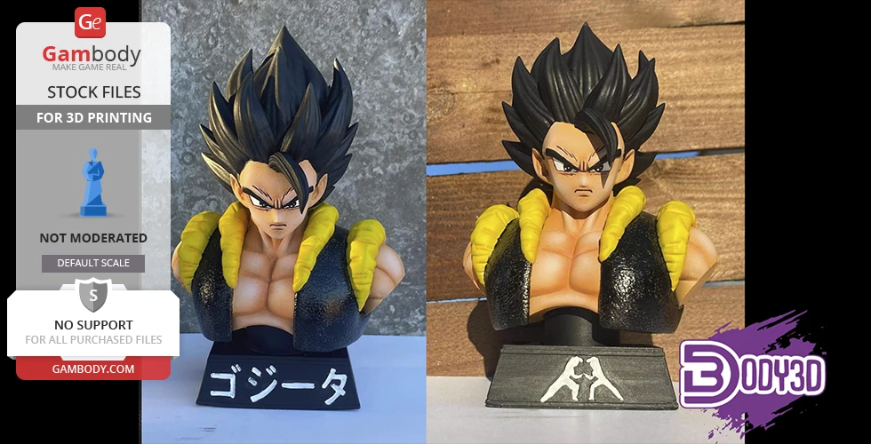 A 3D-printed character bust with spiky black hair and a yellow-collared vest, displayed on a base.