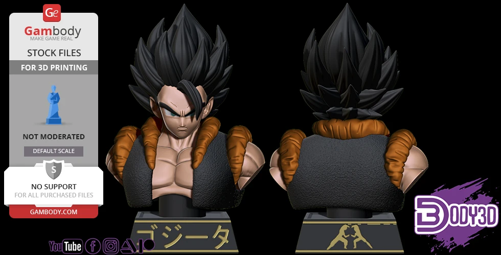 A 3D model of Gogeta bust with spiky hair and muscular build, front and back views shown.
