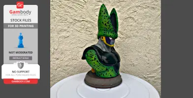 A detailed bust of a green and black armored creature with a tall, patterned headpiece on a round base.