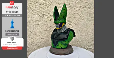 A green, black-spotted bust of a humanoid character with armored chest and head fins on a textured background.