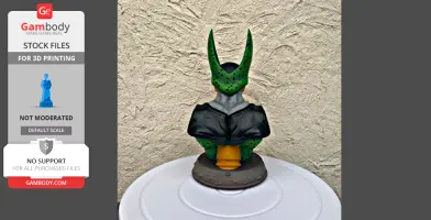 A green and black alien-like bust with pointed ears on a circular base, designed for 3D printing.