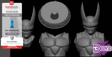 Bust of an armored character with horns, shown from front and top angles, ready for 3D printing.