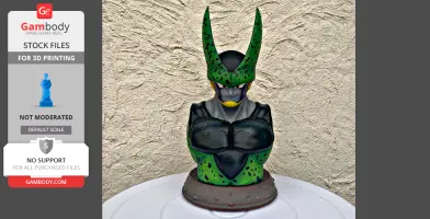A 3D-printed bust of a character with green and black armor, featuring a tall, textured helmet.