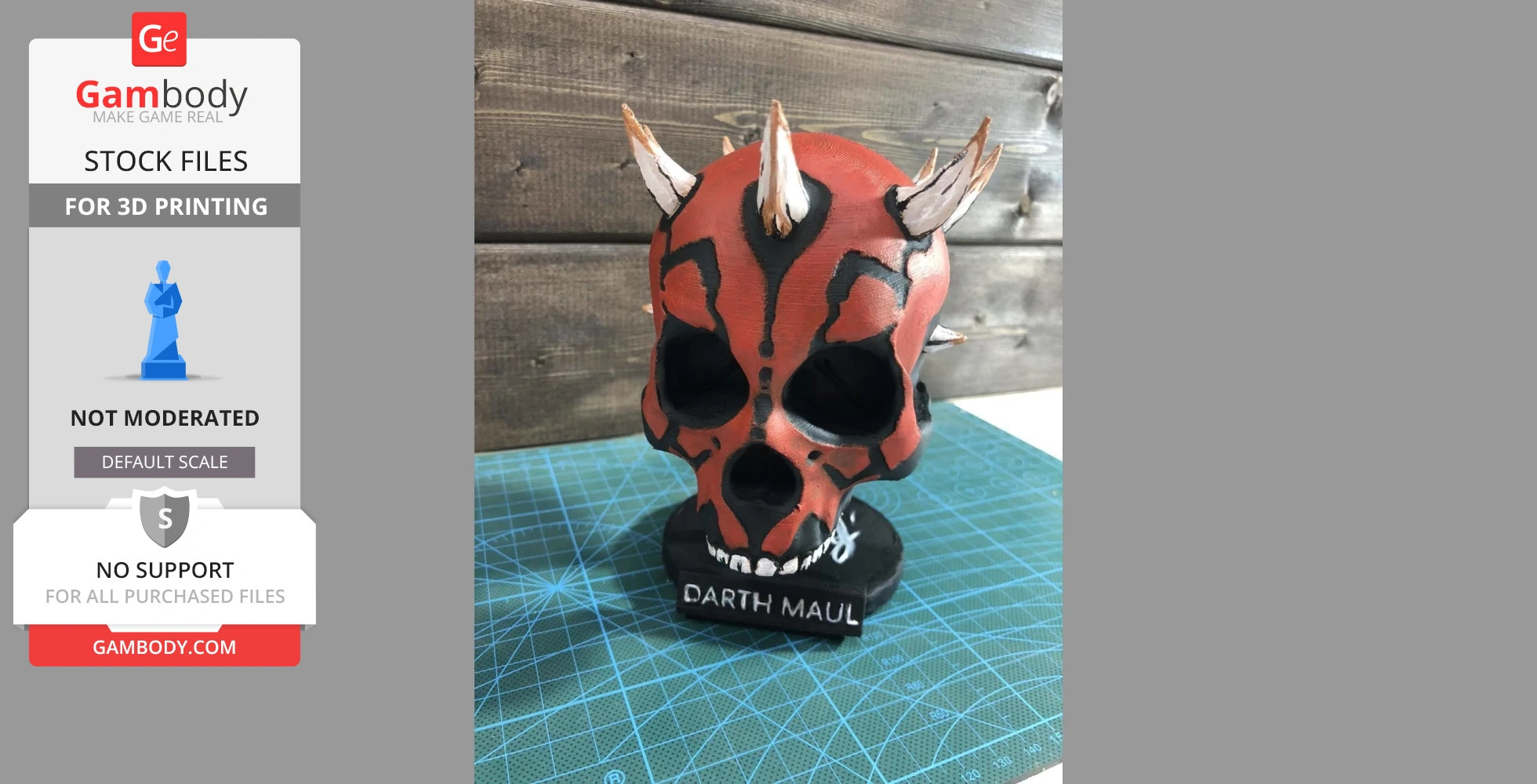 A red and black skull with horns, inspired by Darth Maul, displayed on a base with his nameplate.