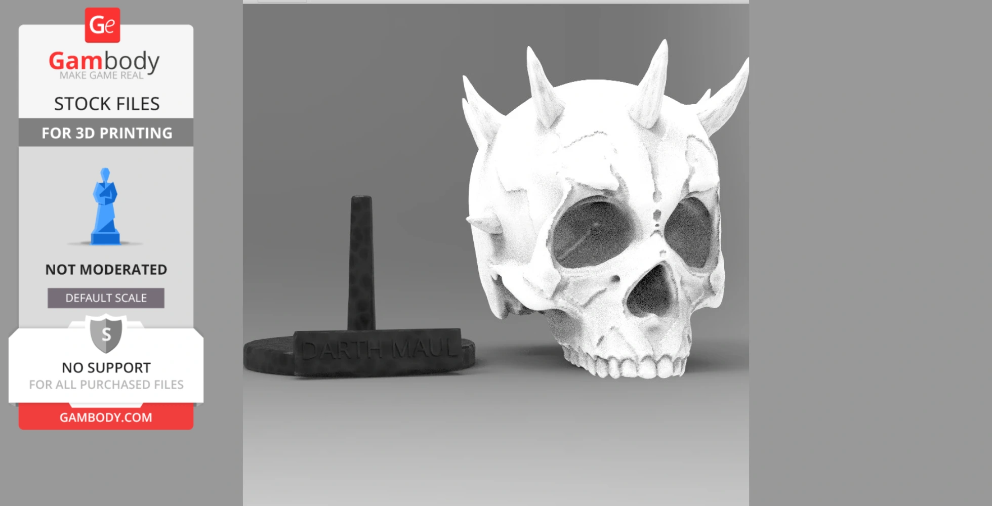 Skull with horns design, labeled 'Darth Maul,' suitable for 3D printing, shown with a stand.
