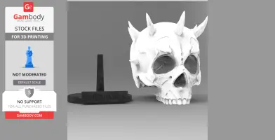 Skull with horns design, labeled 'Darth Maul,' suitable for 3D printing, shown with a stand.