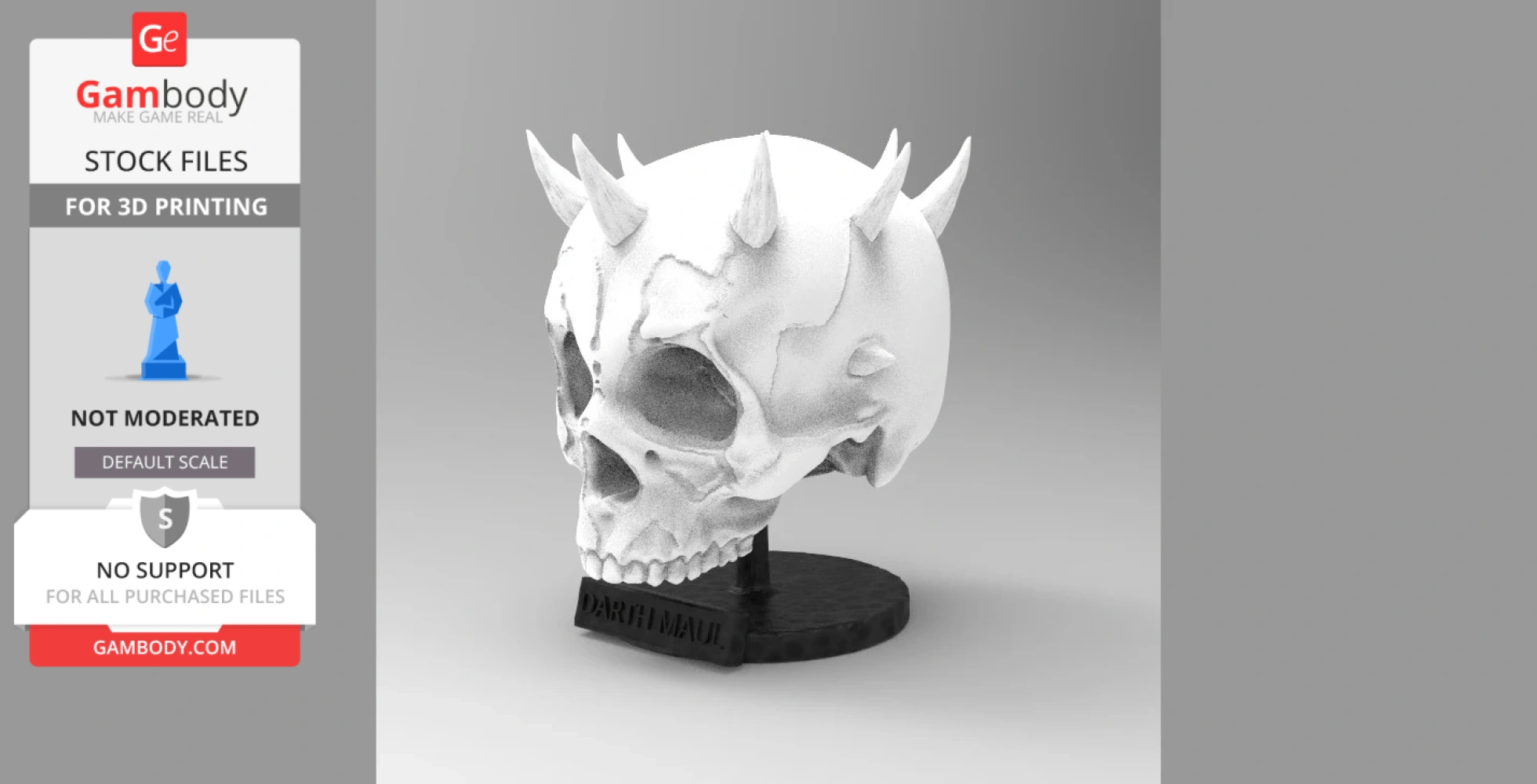 A skull with prominent horns on a stand labeled 'Darth Maul,' designed for 3D printing.