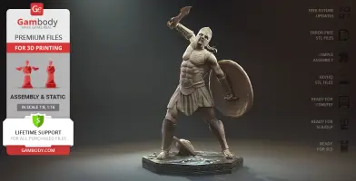 A Spartan warrior 3D model in battle stance, wielding a sword and shield.
