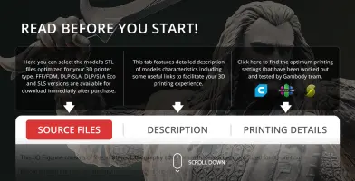 3D printable files interface for Thorin Oakenshield model, featuring source files, description, and printing details.