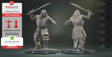 A detailed 3D model of a warrior with swords, suitable for 3D printing, shown from multiple angles.