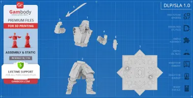 3D printable parts of a warrior figure, including body, limbs, and a decorative base.