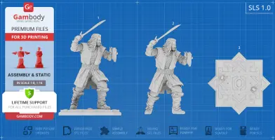 3D model of a warrior with swords for printing, plus a decorative square base design.