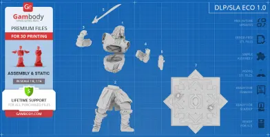 A 3D printable model kit of Thorin Oakenshield, displayed in separated pieces on a blueprint-like background.