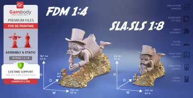 3D model of Scrooge McDuck diving into a pile of gold coins, available in two sizes for 3D printing.