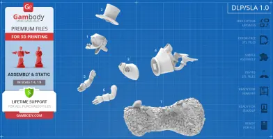 Exploded view of Scrooge McDuck 3D model parts for assembly and printing on blue grid background.