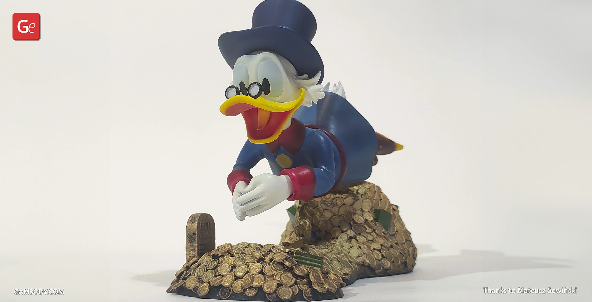 A 3D model of a cartoon duck diving into a pile of gold coins, wearing a blue suit and top hat.