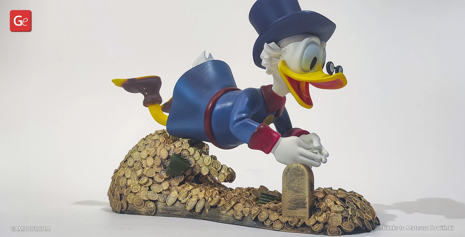 Duck character diving into a pile of coins, wearing a blue coat and top hat, excited expression.