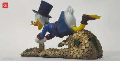 A 3D model of a duck character diving into a pile of gold coins.