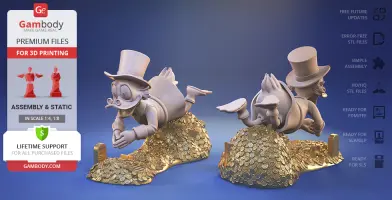 3D model of a cartoon duck diving into a pile of coins, wearing a top hat.