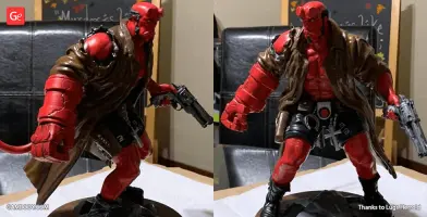 A red-skinned, muscular figure in a trench coat holding a gun, with a tail and filed horns.