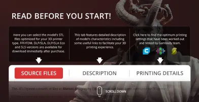 Promotional image for 3D printable Hellboy model, detailing source files, description, and printing settings.