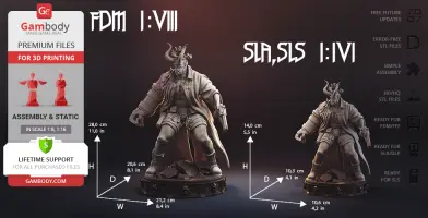 A detailed 3D model of Hellboy with horns, trench coat, and base, available for 3D printing from Gambody.