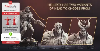 3D model of Hellboy with two head variations for 3D printing, by Gambody.