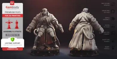 A 3D model of a muscular figure with a trench coat, horns, and a large right hand, shown from the front and back.