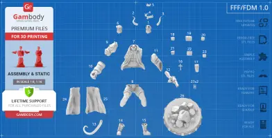 Layout of Hellboy 3D model parts for printing, including limbs, torso, and accessories on a blue grid.