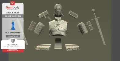 3D printing parts for a detailed bust model of a character, with armor pieces and a sword.
