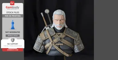 3D printed bust of a bearded warrior with a scar and grey hair, wearing armor and a wolf medallion.