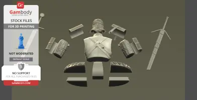 3D model parts for assembling a bust, including head, shoulders, sword, and armor pieces.