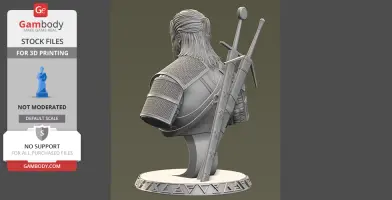 3D bust of a warrior with long hair and two swords on the back, designed for 3D printing.