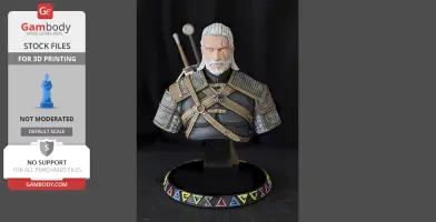 3D printed bust of a white-haired warrior in armor, mounted on a black base with rune symbols.