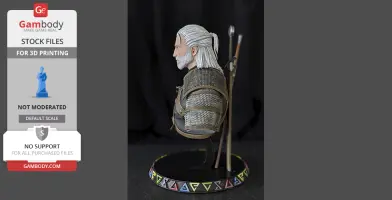 Side view of a detailed 3D-printed bust of a character with long white hair and armor, on a rune-inscribed base.