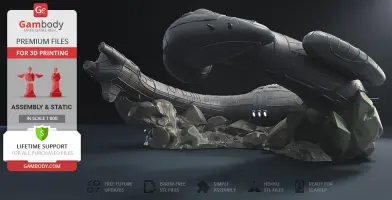 A 3D model of a detailed, futuristic spaceship on rocky terrain, showcased for 3D printing by Gambody.