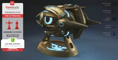 Futuristic spaceship model with blue accents displayed on a stand, featuring intricate details for 3D printing.