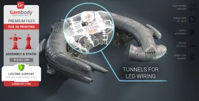 A 3D model of a sci-fi carrier with LED wiring tunnels, surrounded by product details and features.
