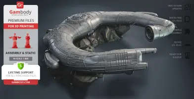 A detailed 3D model of a futuristic spaceship, resembling a Protoss Carrier, for 3D printing.