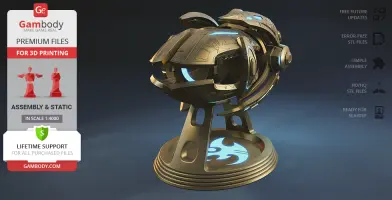 A detailed 3D model of a futuristic spaceship with blue accents on a circular stand for printing.
