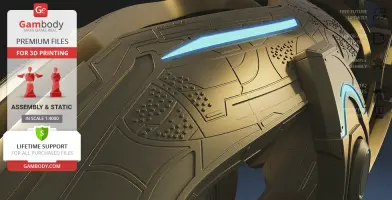 Futuristic 3D printed spacecraft model with intricate details and blue accents, promotional Gambody text.