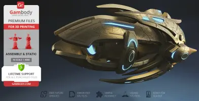 A detailed 3D model of a Protoss Carrier with glowing blue accents, suitable for 3D printing.