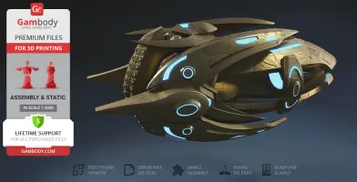 Futuristic spaceship model with glowing blue elements, available for 3D printing from Gambody.