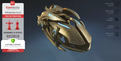 Futuristic spaceship model in dark metallic tones with blue accents, ready for 3D printing.