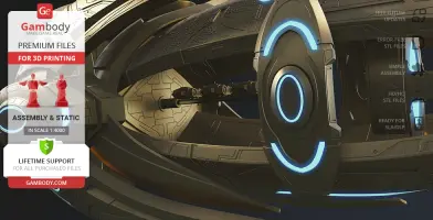 Futuristic spacecraft model with glowing blue accents, promotional graphics for 3D printing files.