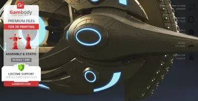 Futuristic spacecraft close-up with glowing blue elements, promoting 3D printing files from Gambody.
