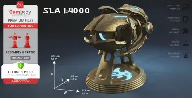 Futuristic 3D model of a Protoss Carrier ship on a stand with blue accents, ready for 3D printing.