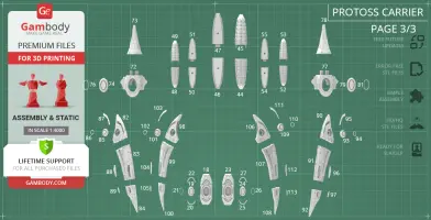 STL file layout for 3D printing a Protoss Carrier, showing various labeled parts on a green grid background.