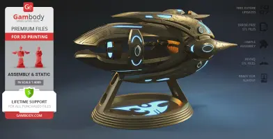 Futuristic spaceship 3D model with glowing blue accents on display stand, featuring intricate details.