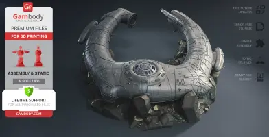 Futuristic, crescent-shaped spacecraft model on a rocky base for 3D printing, from Gambody.